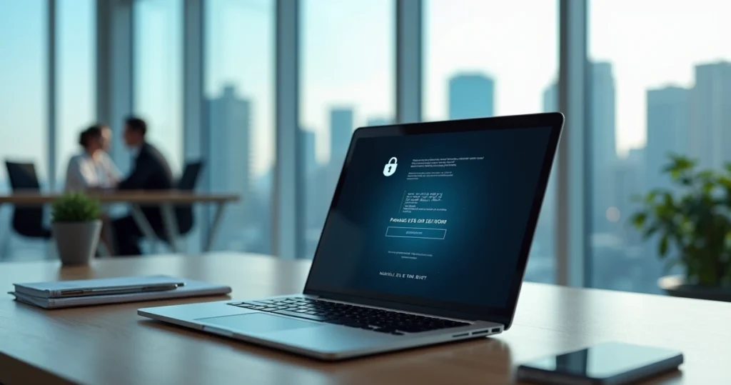Tela de notebook com ícone de cadeado e desafio de CAPTCHA em escritório corporativo